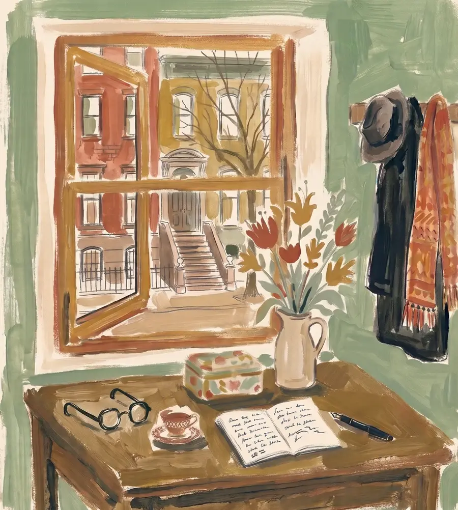 An open notebook, teacup, and glasses rest on a writing table by a window overlooking New York brownstones.